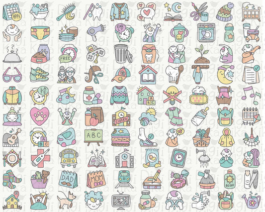 100 Kids Routine COLOR Icons Vector - School Icons Clipart - Mom digital sticker, Chores Graphics