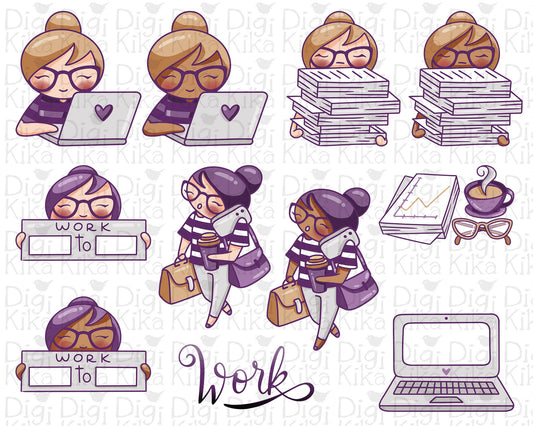 Work Color Clipart Set - Elena Planner Girl - Instant Download PNG
