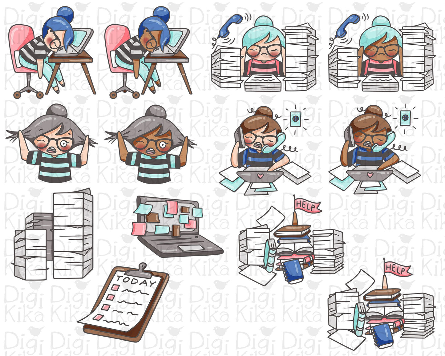 Elena Planner Girl - Work Overload Clipart - Digital Color Character Planner Stickers, scrapbook, invitation, crafts, planner clipart