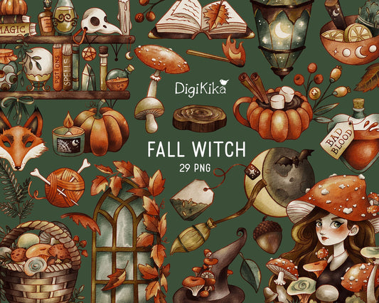 Fall Witch Watercolor Clipart – Hand Painted Gothic Autumn Graphics
