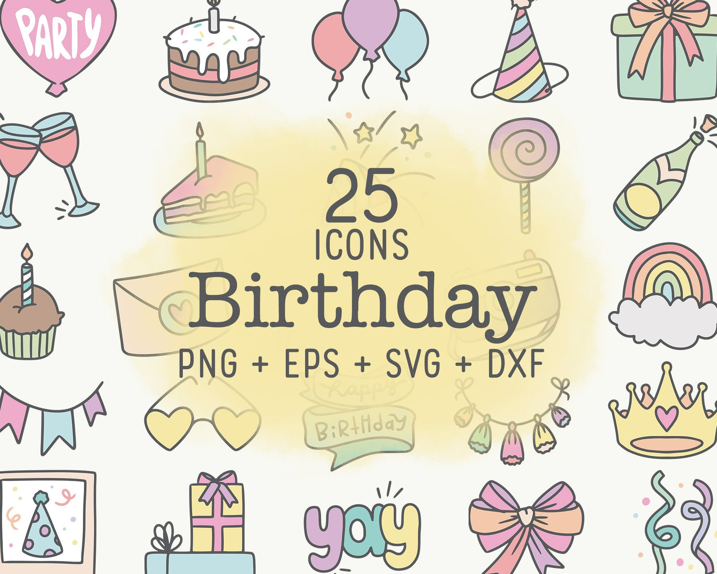 25 Birthday COLOR Icons Clipart - Celebration PNG, EPS, SVG & DXF - Instant Download