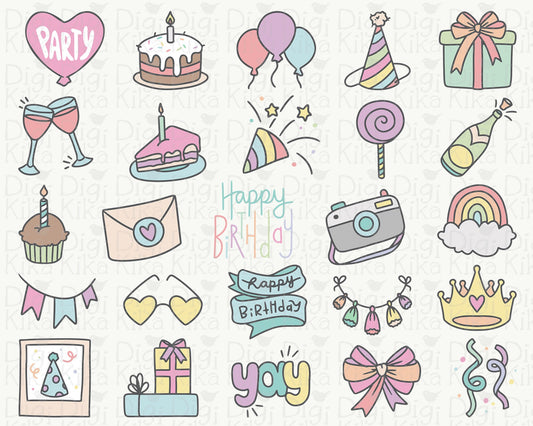25 Birthday COLOR Icons Clipart - Celebration PNG, EPS, SVG & DXF - Instant Download