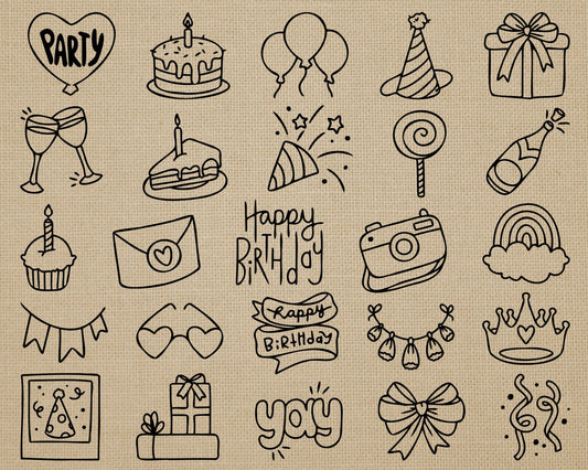 25 Birthday DOODLE Icons Clipart - Celebration PNG, EPS, SVG & DXF - Instant Download