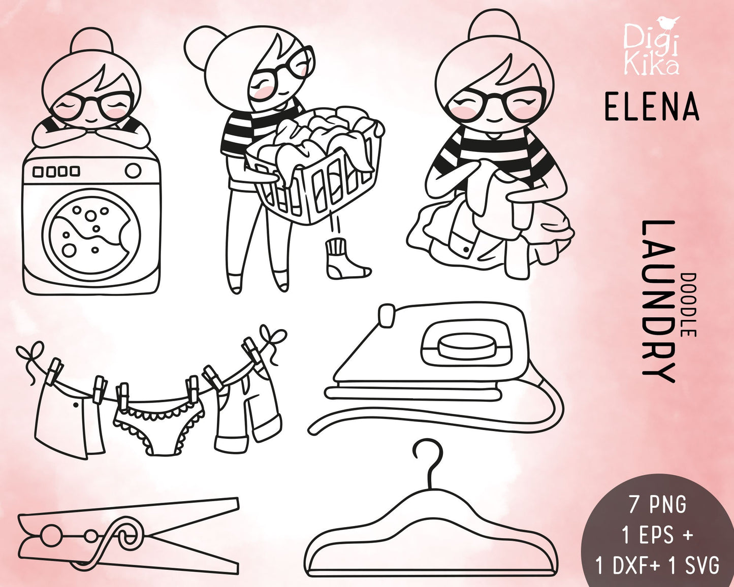 Laundry Stamp Clipart Set - Elena Planner Girl - EPS, SVG & DXF