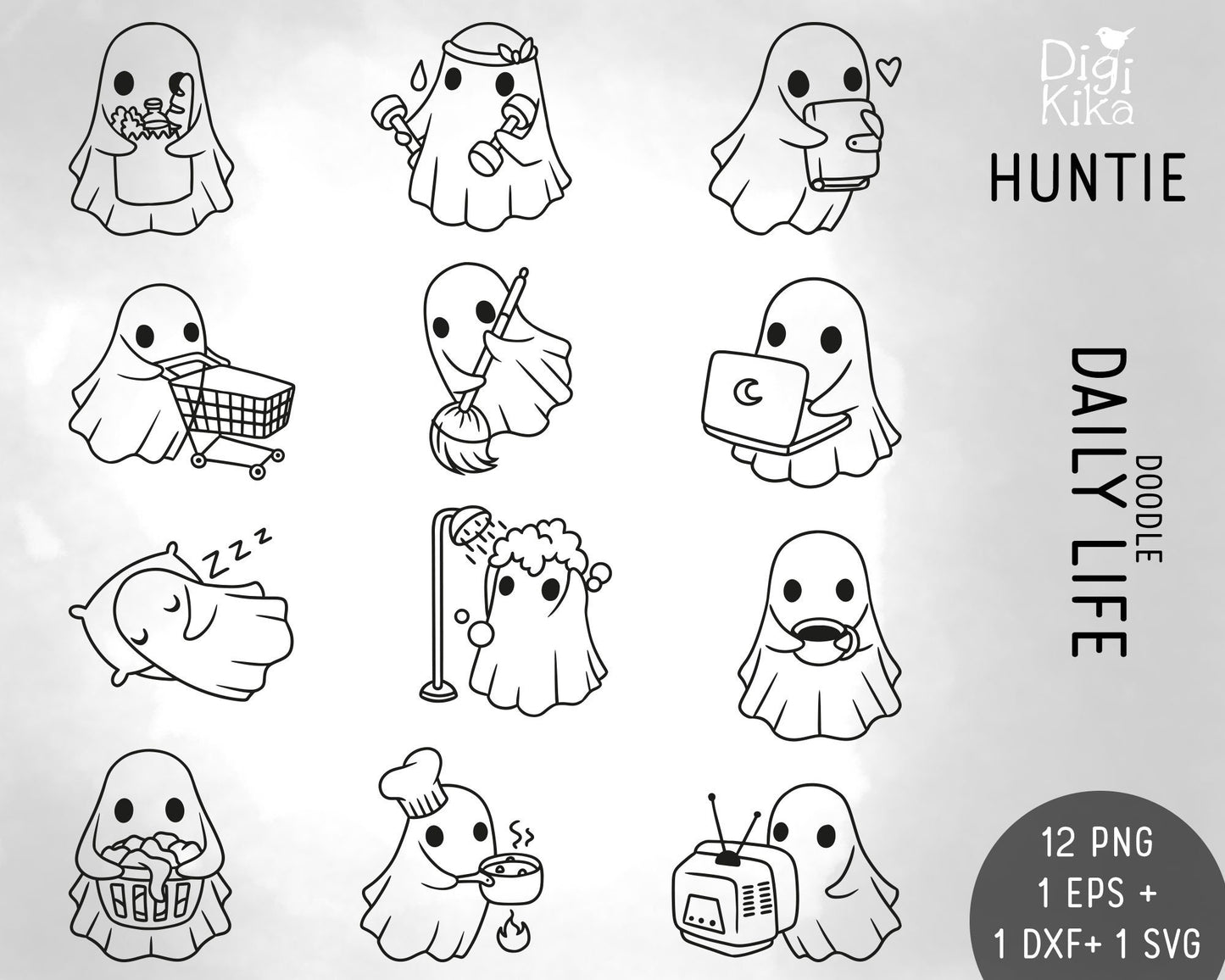 HAUNTIE the Ghost Daily Life Clipart Set 1 – Doodle Graphics – Digital Stamps SVG, EPS, DXF & PNG