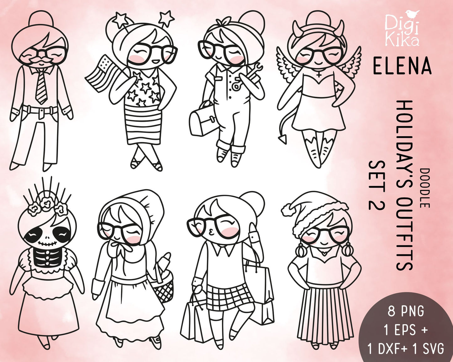 Elena Planner Girl - Holidays Outfits STAMP Clipart SET 2 - Fashion Digital Stamp - Character Planner Sticker, scrapbook, craft, planner clipart