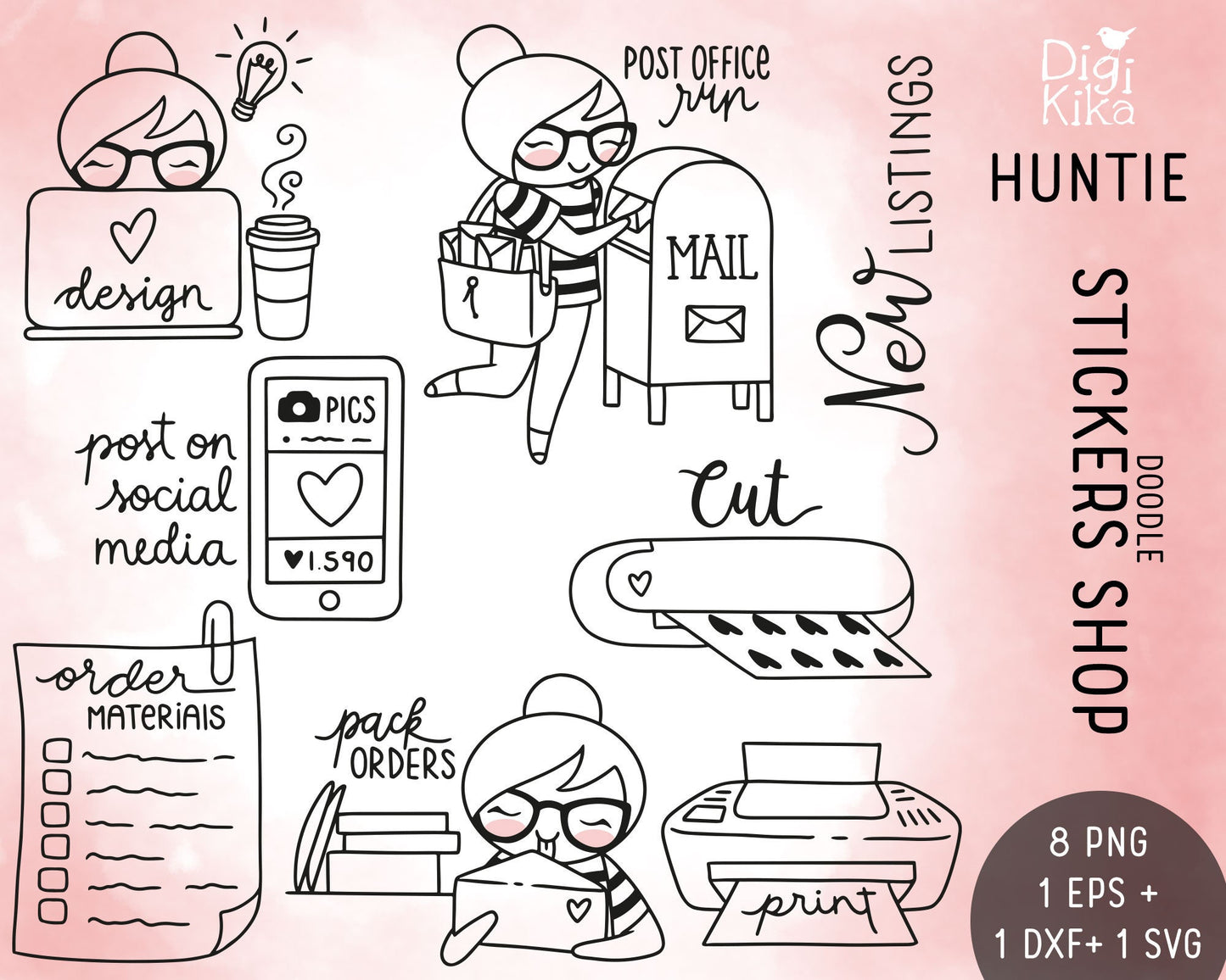 Stickers Shop Stamp Clipart – Elena Planner Girl - Cute Character for Planners, Cards & Crafts – PNG, SVG, EPS, DXF