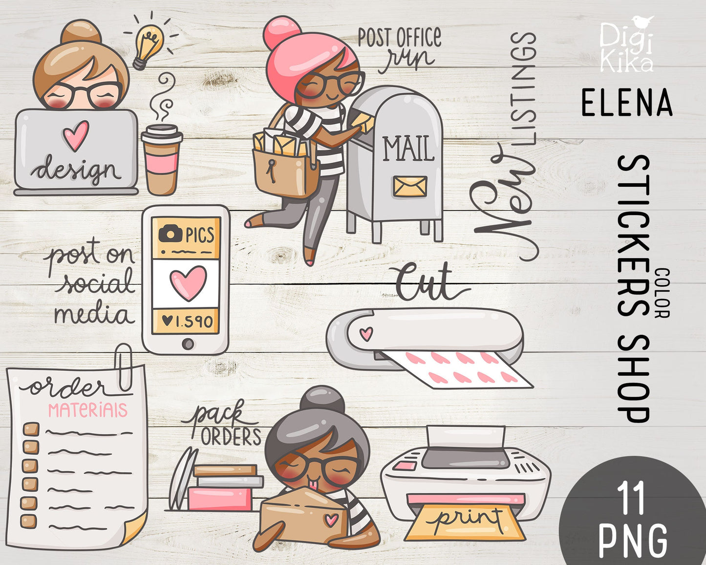 Adesivos Loja Color Clipart – Elena Planner Girl - Personagem fofa para planejadores, cartões e artesanato