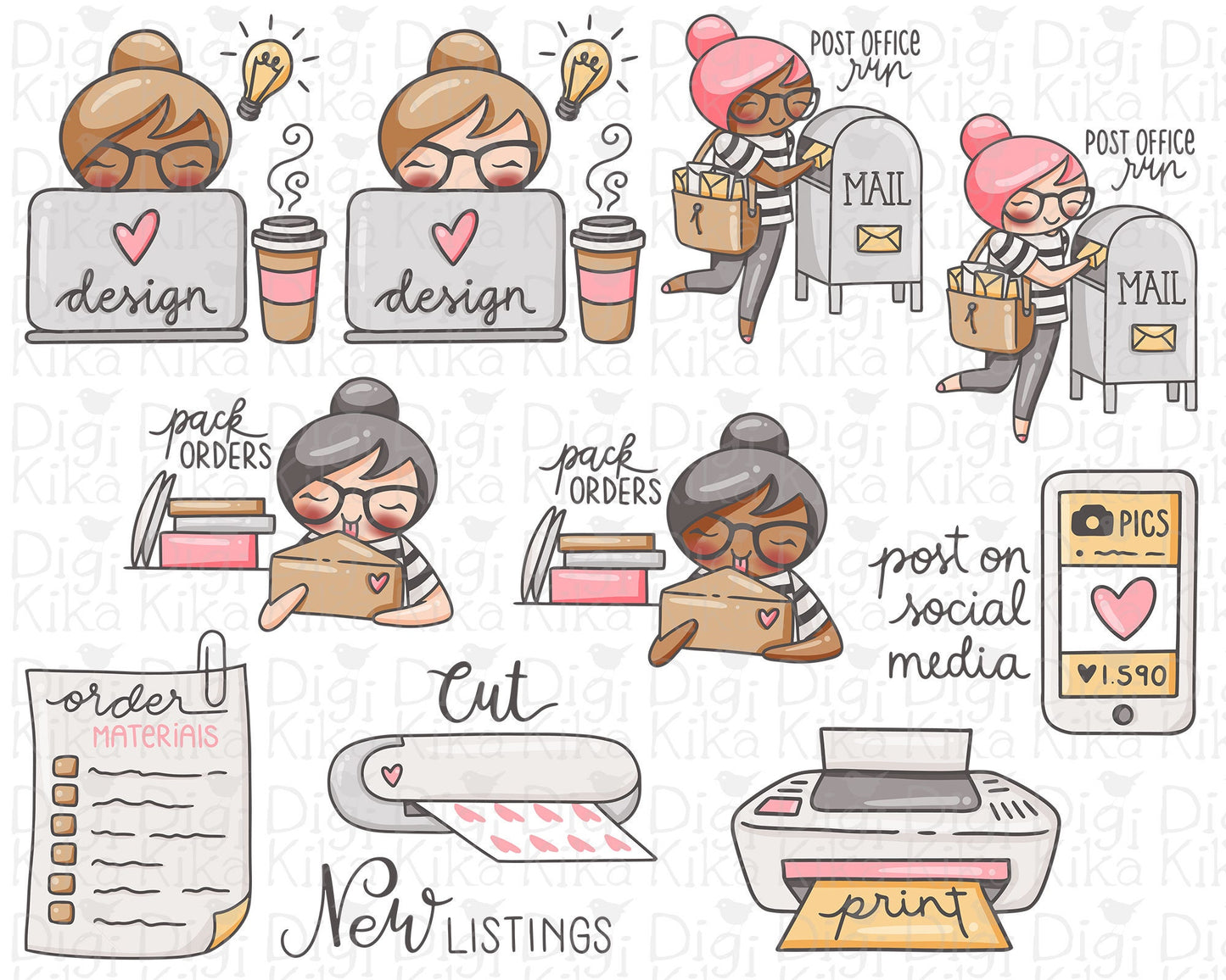 Adesivos Loja Color Clipart – Elena Planner Girl - Personagem fofa para planejadores, cartões e artesanato
