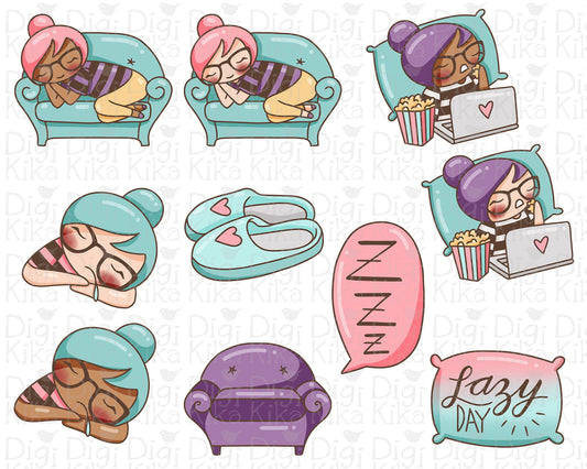 Lazy Day Color Clipart Set - Elena Planner Girl - Instant Download PNG