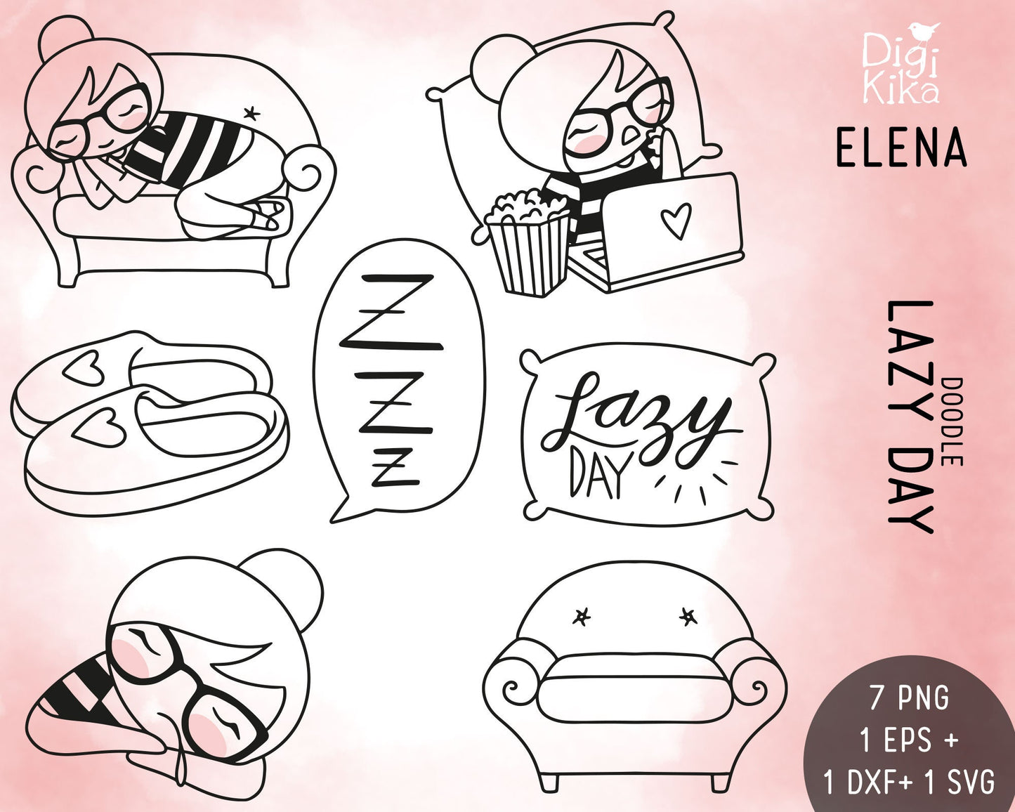 Lazy Day Stamp Clipart Set - Elena Planner Girl - EPS, SVG & DXF