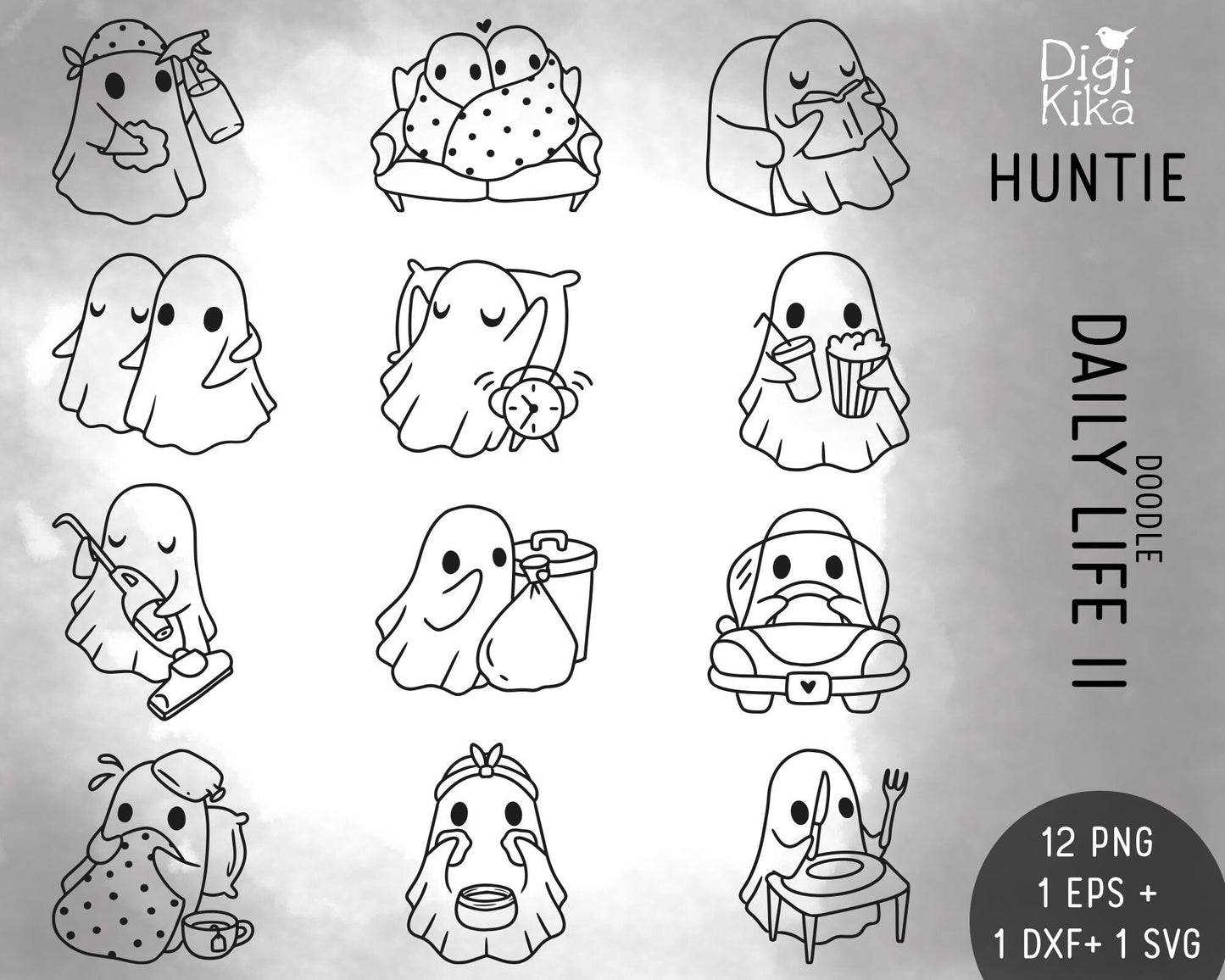 HAUNTIE the Ghost Daily Life Clipart Set 2 – Doodle Graphics – Digital Stamps SVG, EPS, DXF & PNG