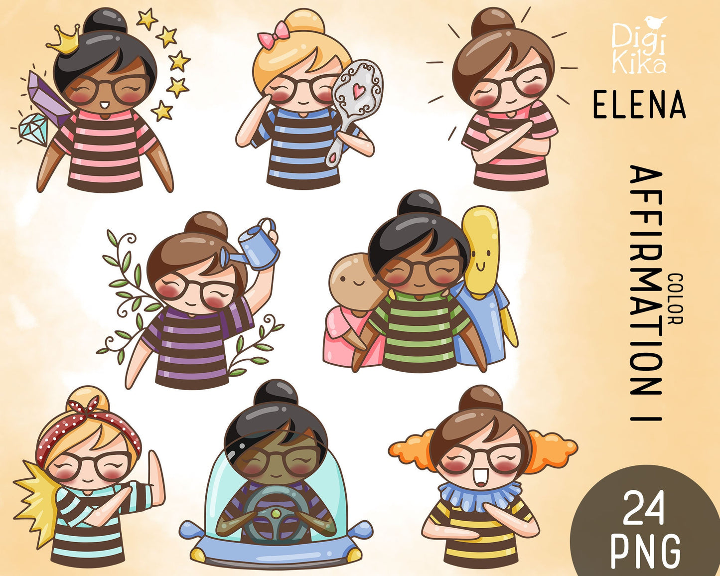 Daily Affirmations SET 1 - Elena Planner Girl Color Clip Art Set - EPS, SVG & DXF