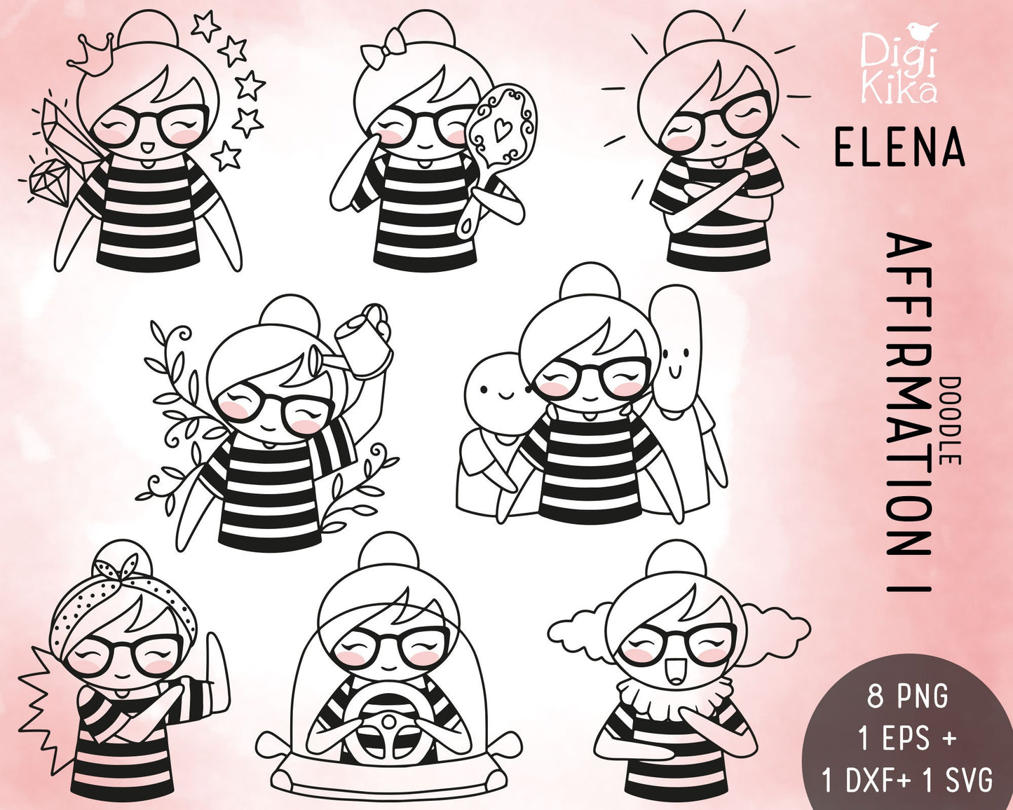 Daily Affirmations SET 1 - Elena Planner Girl Stamp Clip Art Set - EPS, SVG & DXF