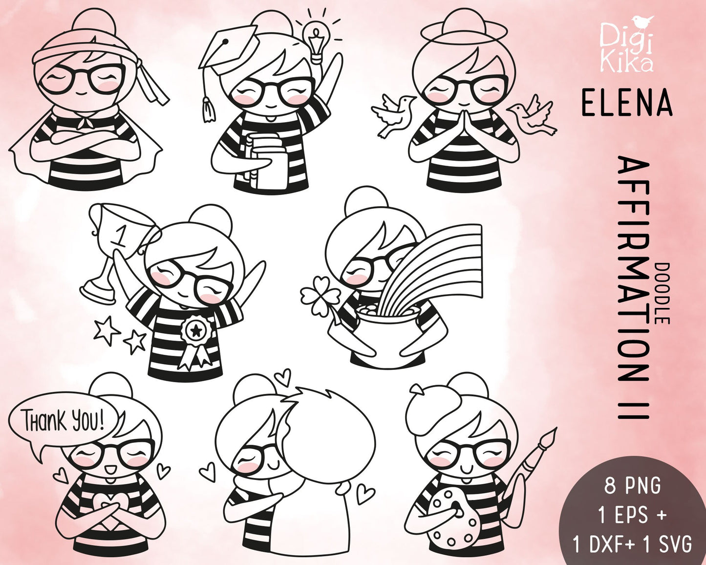 Daily Affirmations SET 2 - Elena Planner Girl Stamp Clip Art Set - EPS, SVG & DXF