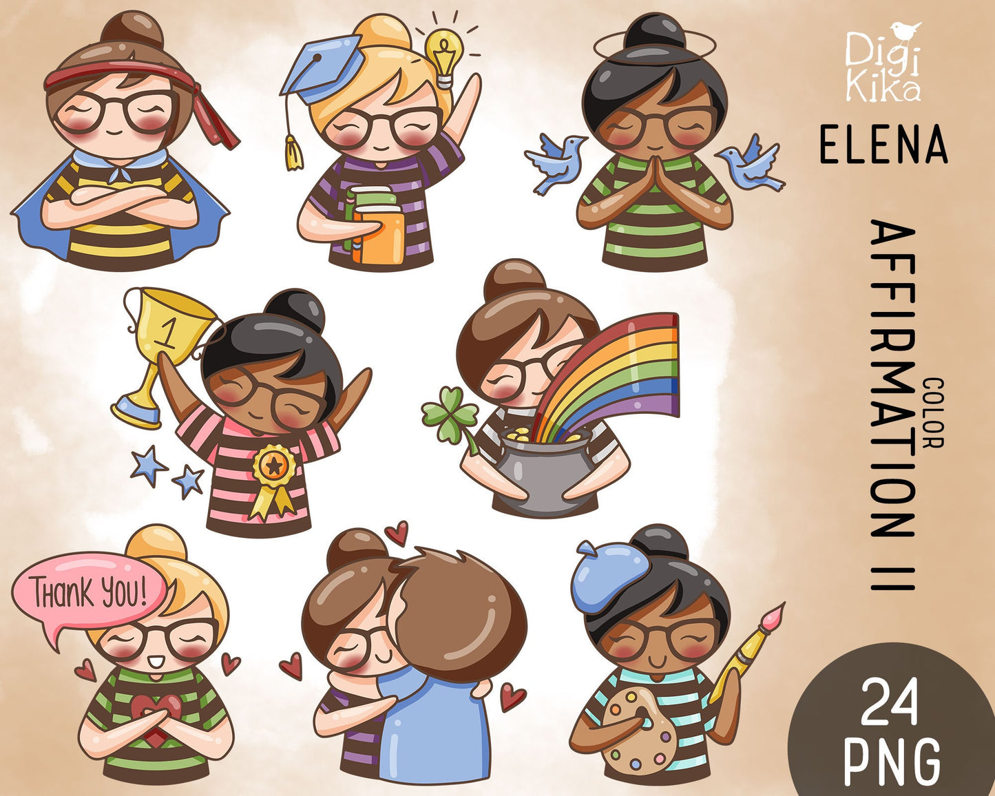 Daily Affirmations SET 2 - Elena Planner Girl Color Clip Art Set - EPS, SVG & DXF