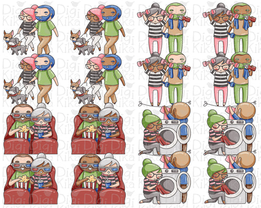 Couple Activities Clipart Set3 - Elena and Oliver 4 skin variations Graphics - Character Planner Sticker, scrapbook, craft, planner clipart