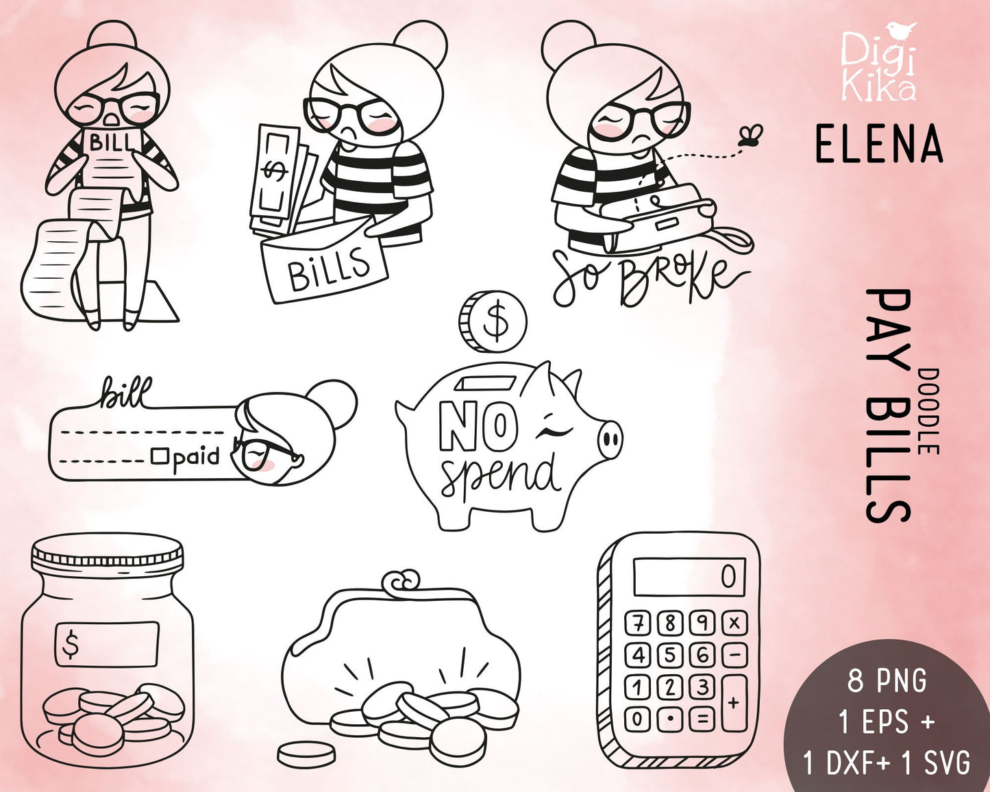 Pay Bills Stamp Clipart – Elena Planner Girl – Cute Character for Planner Stickers, Scrapbook & Crafts – PNG/EPS/SVG Instant Download