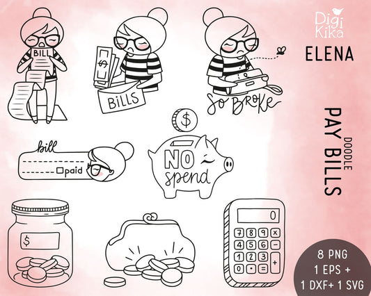 Pay Bills Stamp Clipart – Elena Planner Girl – Cute Character for Planner Stickers, Scrapbook & Crafts – PNG/EPS/SVG Instant Download