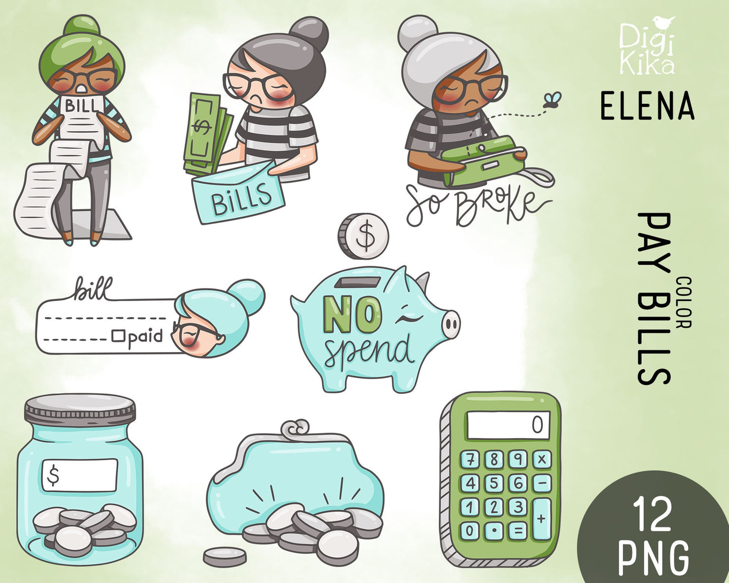 Pay Bills Color Clipart – Elena Planner Girl – Cute Character for Planner Stickers, Scrapbook & Crafts – Instant Download