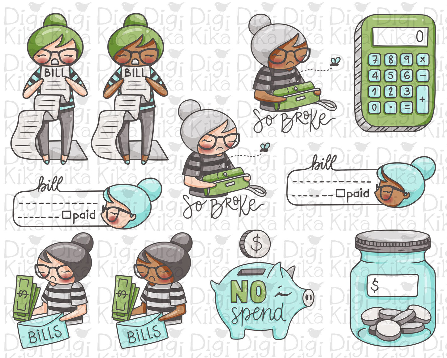 Pay Bills Color Clipart – Elena Planner Girl – Cute Character for Planner Stickers, Scrapbook & Crafts – Instant Download