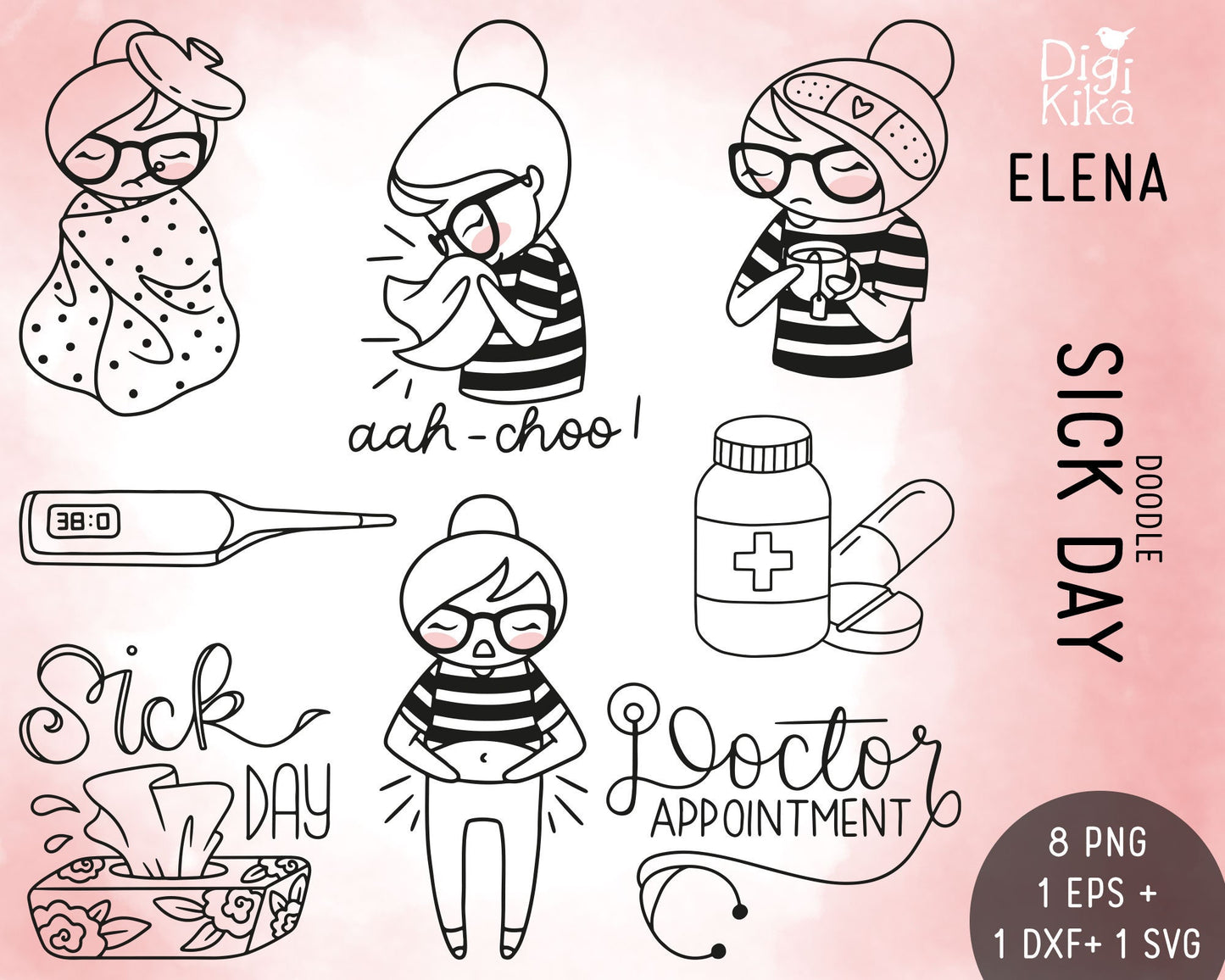 Sick Day Stamp Clipart Set - Elena Planner Girl - EPS, SVG & DXF