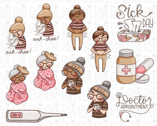 Sick Day Color Clipart Set - Elena Planner Girl - Instant Download