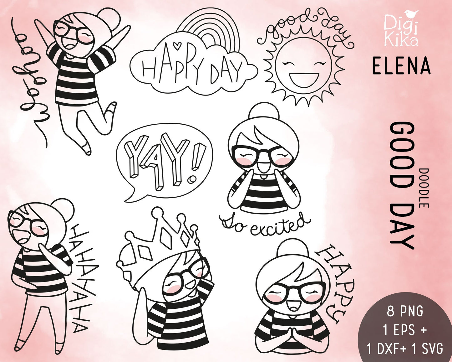 Good Day - Elena Planner Girl Stamp Clip Art Set - EPS, SVG & DXF
