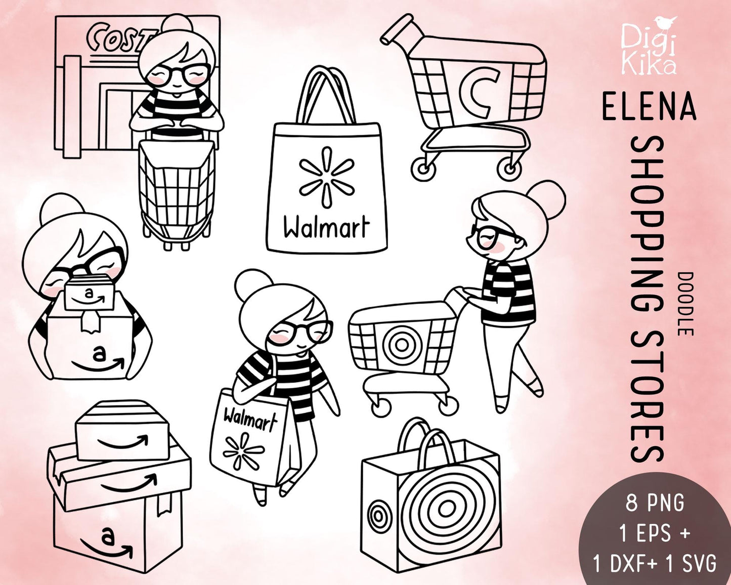 Elena Planner Girl – Shopping Stores Clipart (Amazon, Walmart, Target & Costco) – PNG, SVG, EPS & DXF – Cute Stamp for Planners & Crafts