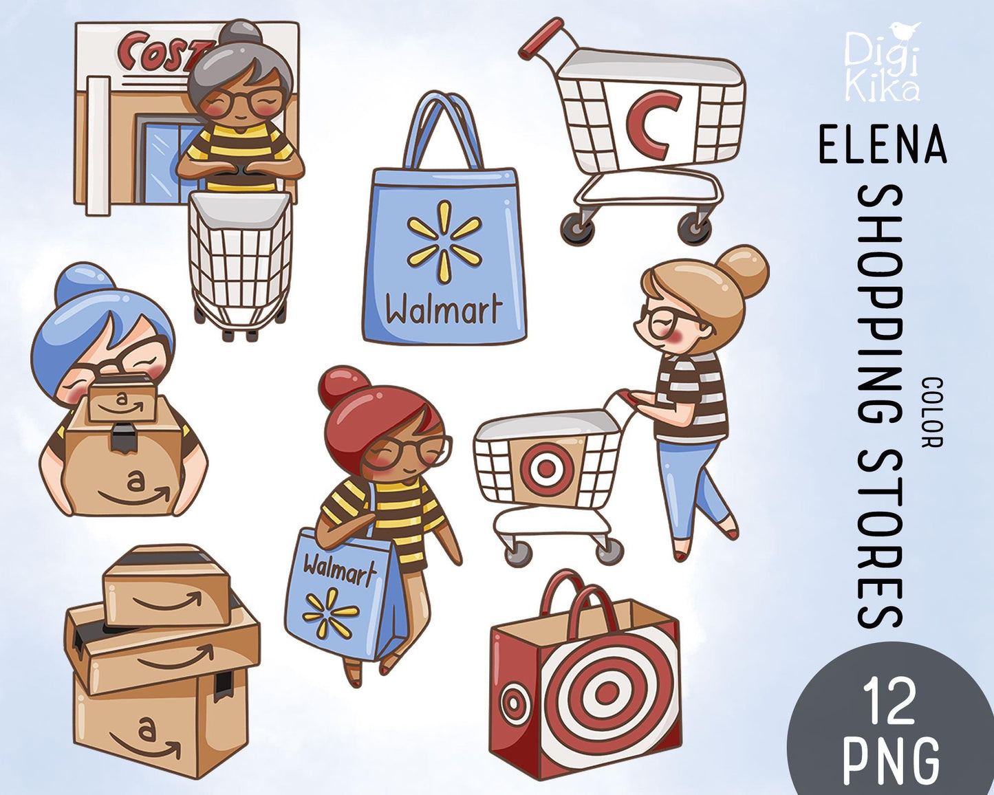 Elena Planner Girl – Shopping Stores COLOR Clipart (Amazon, Walmart, Target & Costco) – Planners & Crafts