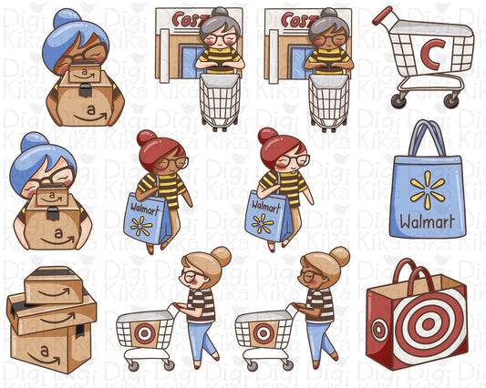 Elena Planner Girl – Shopping Stores COLOR Clipart (Amazon, Walmart, Target & Costco) – Planners & Crafts