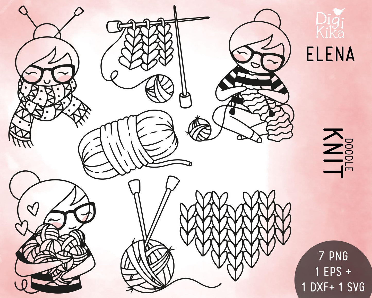 Knit - Elena Planner Girl Stamp Clip Art Set - EPS, SVG & DXF