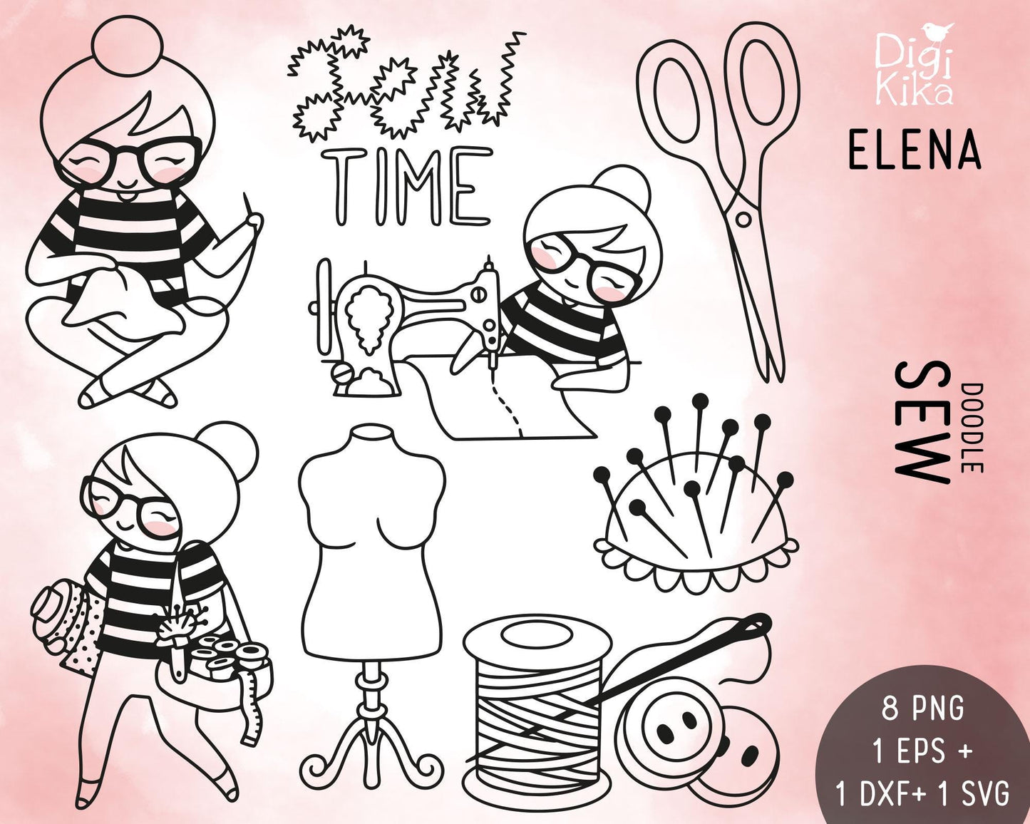 Conjunto de Clipart de Costura – Elena, a Garota Planejadora – Ilustrações de Carimbos Digitais