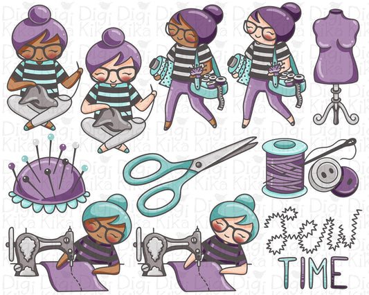 Sewing Clipart Set – Elena the Planner Girl – Crafty Color Illustrations