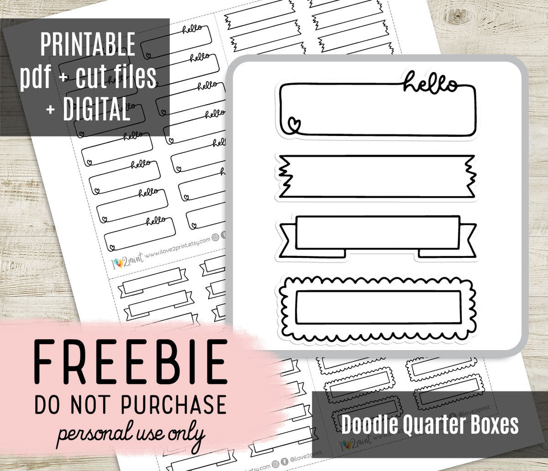 Free Doodle Quarter Box Planner Stickers: Hello, Banner, Washi & Scallop