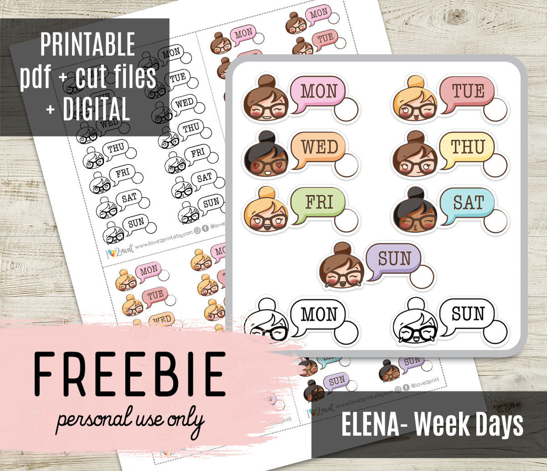 Free Printable Planner Stickers - Elena Mood Heads Week Days Headers - (PDF + Cut Files)