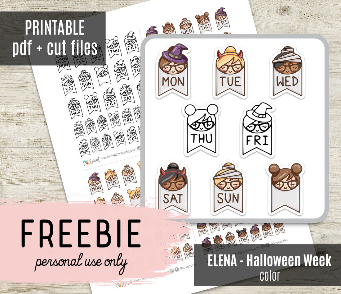 Free Elena Halloween Days of the Week Flags: 4 Hair & Skin Color Variations