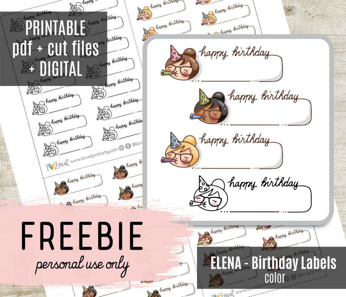 Free Elena Happy Birthday Planner Labels: Party Hat Reminder Stickers