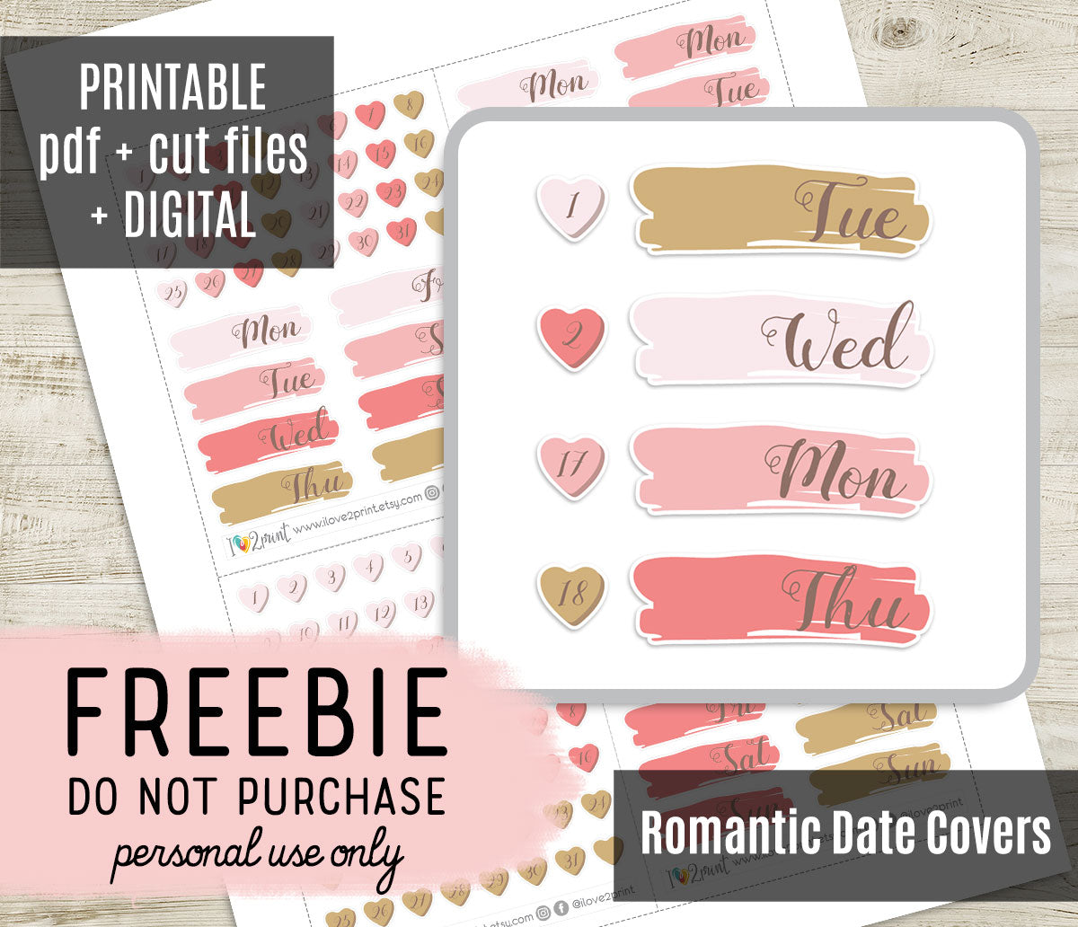 Free Romantic Date Cover Planner Stickers: Elegant Script in Pink Shad ...