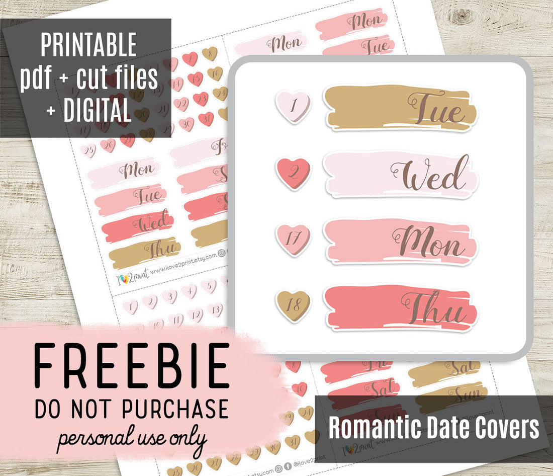 Free Romantic Date Cover Planner Stickers: Elegant Script in Pink Shades