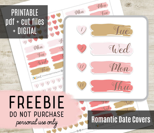 Free Romantic Date Cover Planner Stickers: Elegant Script in Pink Shades