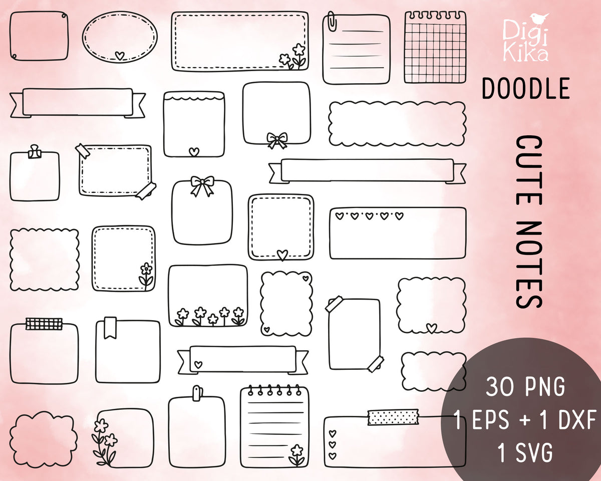 30 Cute Doodle Notes Hand Drawn Clipart | Flowers Hearts | Vector