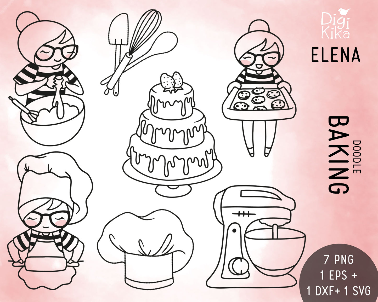 Elena Baking – Doodle Stamp Clipart Set (EPS, SVG, DXF, PNG)
