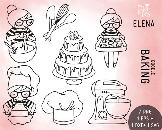 Elena Baking – Doodle Stamp Clipart Set (EPS, SVG, DXF, PNG)