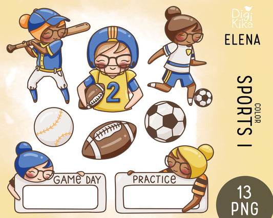 Elena Planner Girl – Sports Set COLOR Clipart – Baseball, Football & Soccer – Labels & Balls –  Instant Download PNG