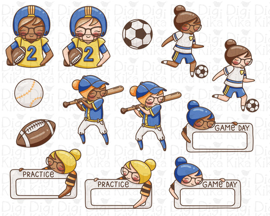 Elena Planner Girl – Sports Set COLOR Clipart – Baseball, Football & Soccer – Labels & Balls –  Instant Download PNG