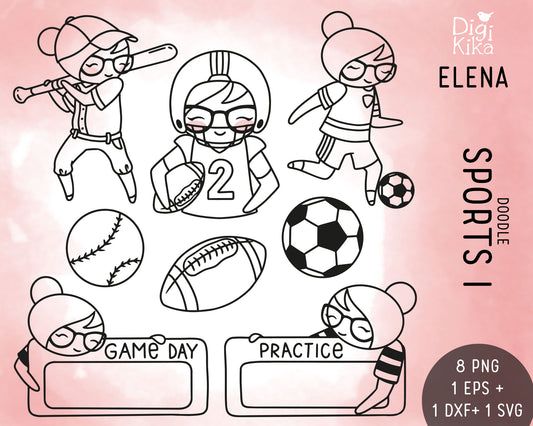 Elena Planner Girl – Sports Set DOODLE Clipart – Baseball, Football & Soccer – Labels & Balls – PNG, SVG, EPS & DXF