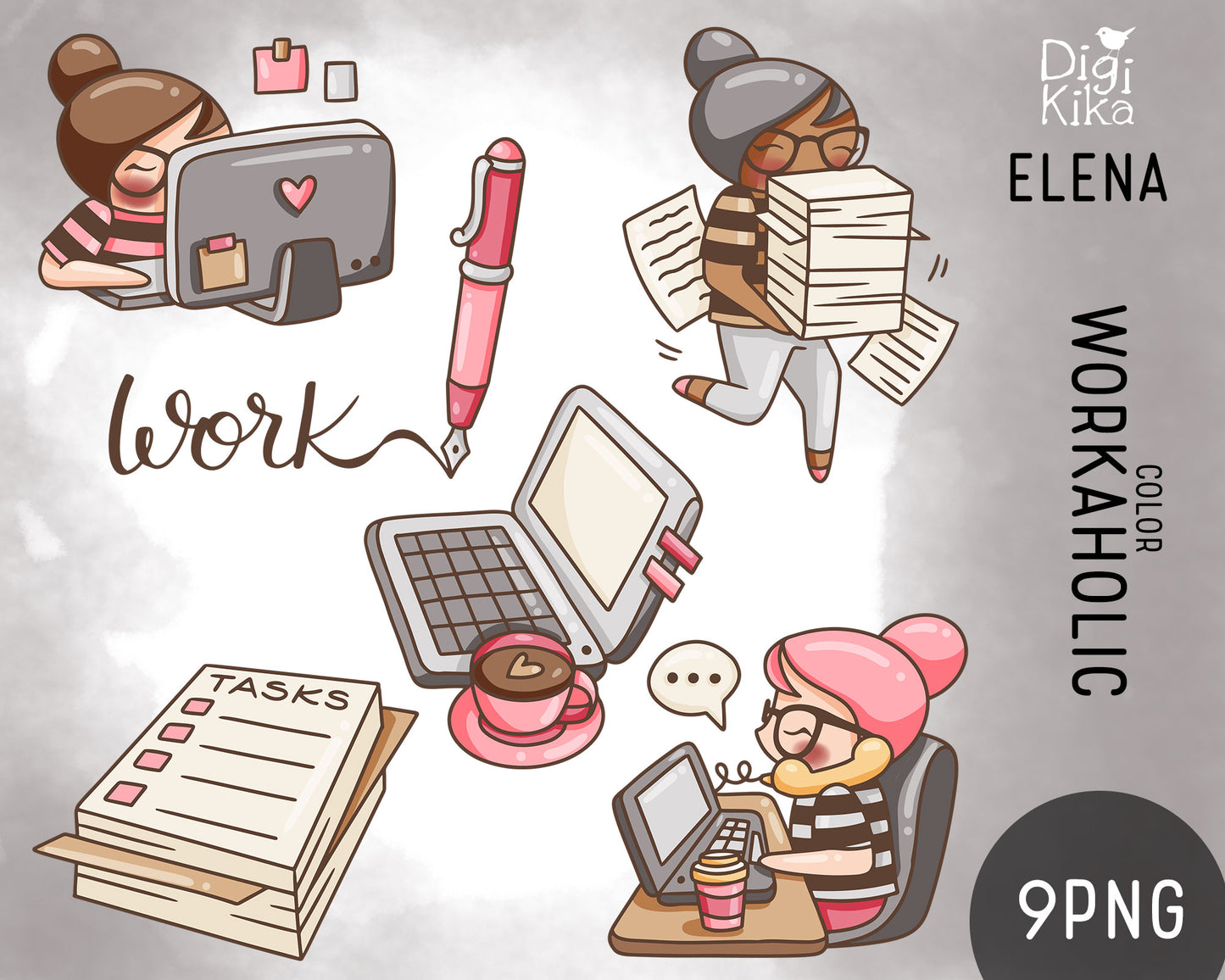 Illustrations of a workaholic planner girl character with office supplies and text on a light background.