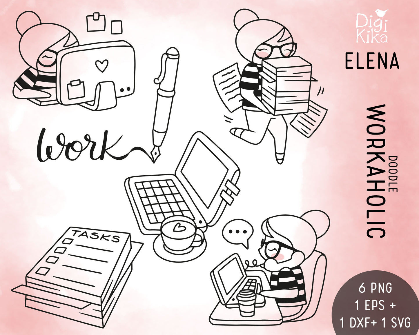 Illustrations of a workaholic girl character with office supplies on a pink background, featuring the brand 'Digi Kika'.