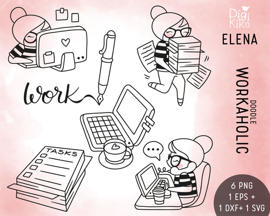 Illustrations of a workaholic girl character with office supplies on a pink background, featuring the brand 'Digi Kika'.